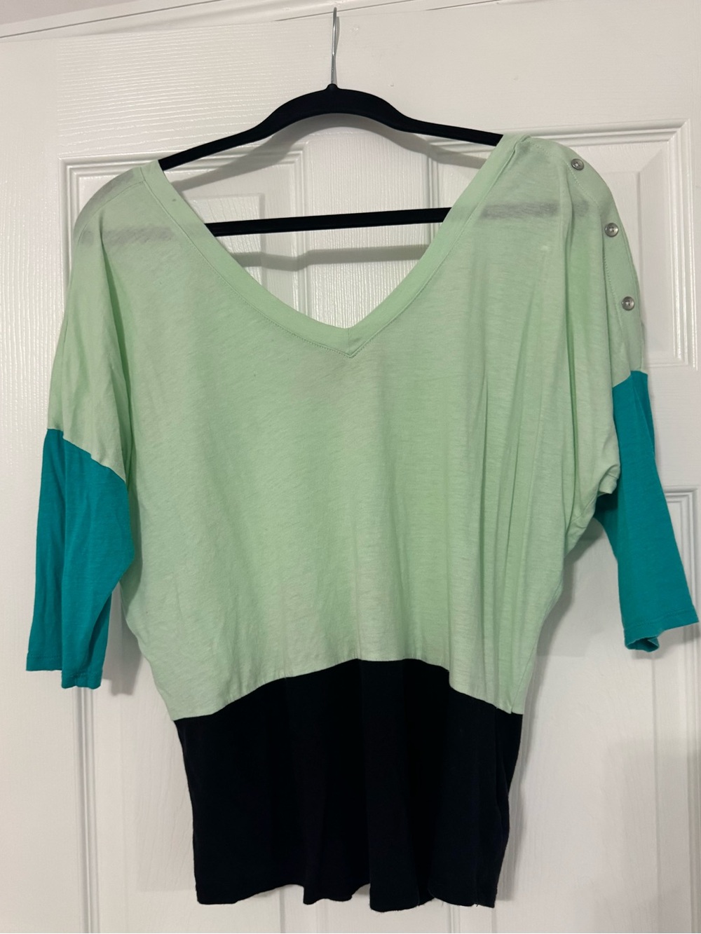 Express Light Mint, Teal & Black Colorblock V-Neck Top